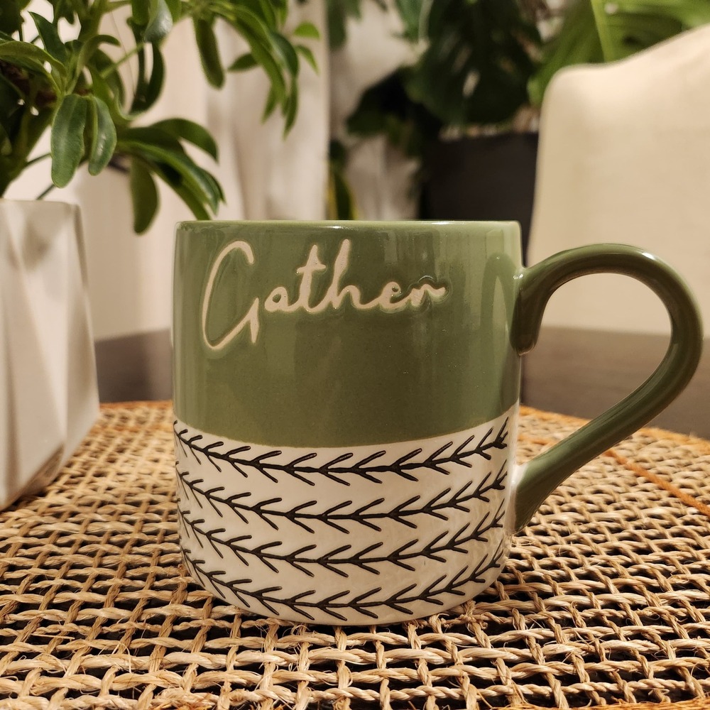 Gather Mug Green White Leaf Pattern Coffee Tea Cup Global Design Creations